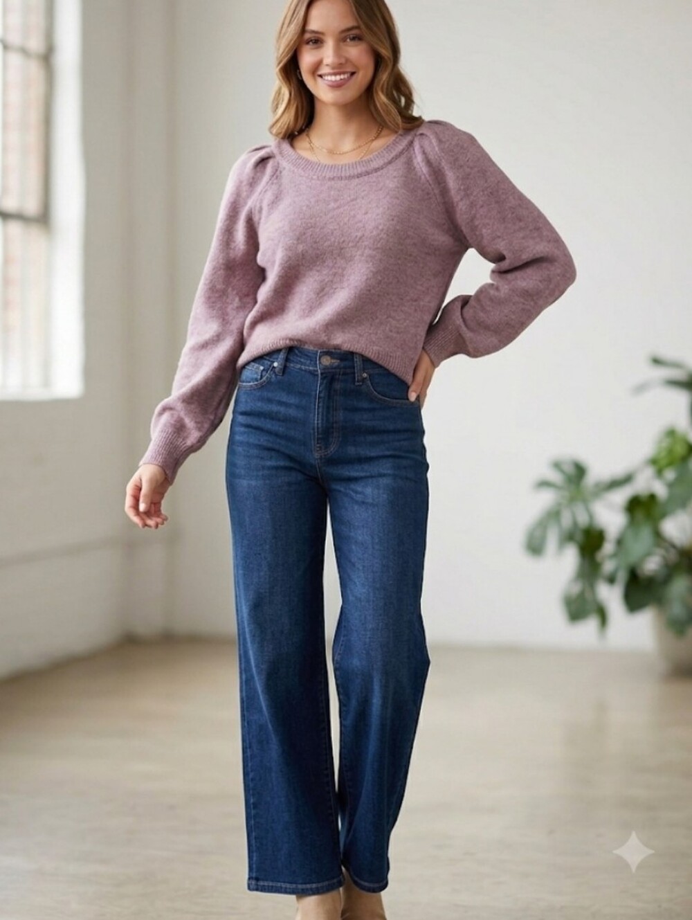 ASTR The Label Lilac Puff Sleeve Knit Sweater Purple S EUC